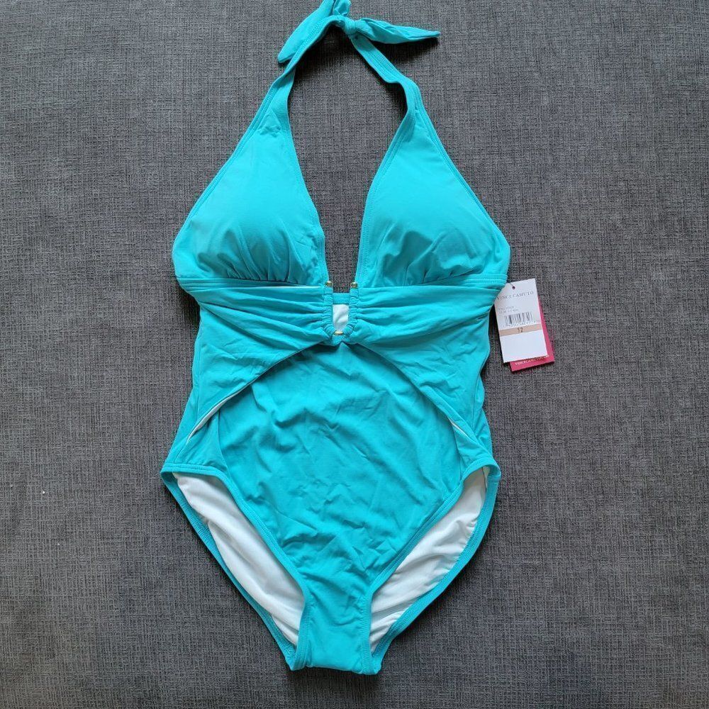 Vince Camuto Women's Turquoise Blue Halter U hardware One Piece Swimsuit Size 12
